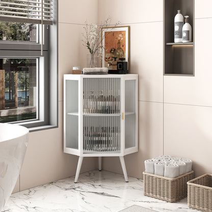 22.25" Modern White Corner Cabinet with Tempered Glass Door and Dual Storage Shelves for Home Use