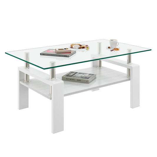 Rectangular Coffee Table: Tempered Glass Top MDF Shelf, 39.2 x 23.4 in, 220 lb, Iron Frame, Transparent