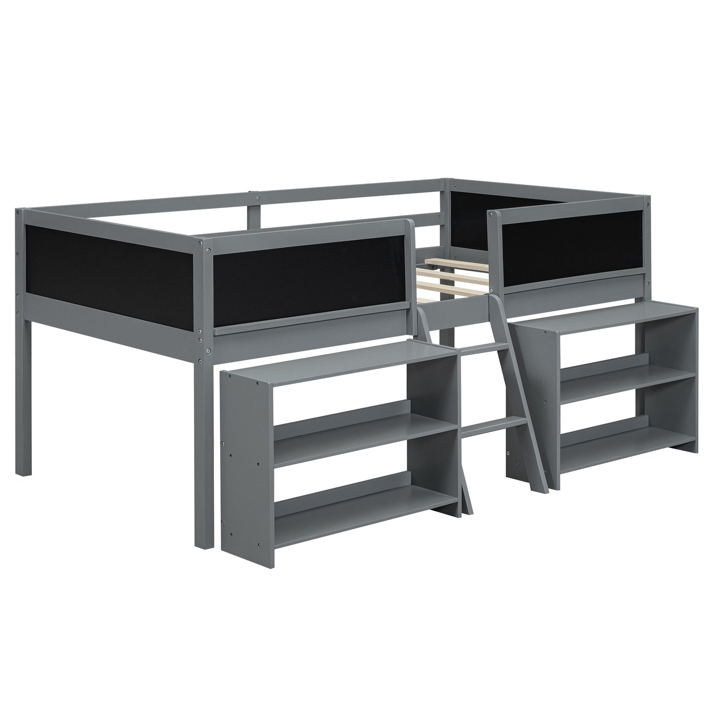 Twin Size Low Loft Bed with Creative Chalkboard Guardrails and Adjustable Storage Shelves, Gray