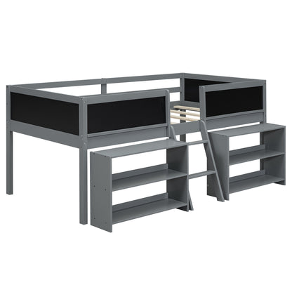 Twin Size Low Loft Bed with Creative Chalkboard Guardrails and Adjustable Storage Shelves, Gray