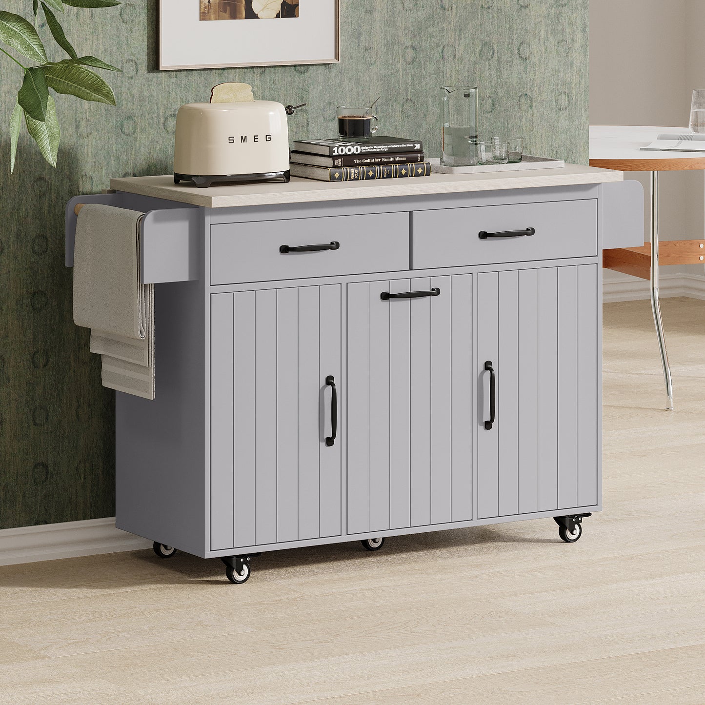 Grey Rolling Kitchen Island with Drop Leaf and Trash Can Storage, Spice Rack, Towel Rack, and Adjustable Shelves