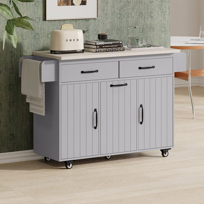 Grey Rolling Kitchen Island with Drop Leaf and Trash Can Storage, Spice Rack, Towel Rack, and Adjustable Shelves