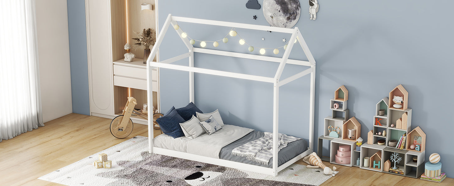 White Twin Size Pine Wood House Bed for Kids