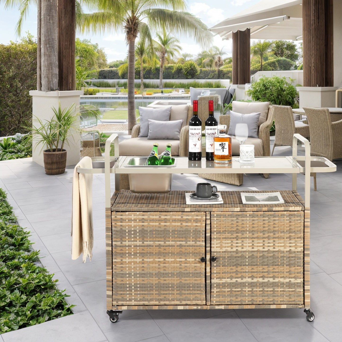 Outdoor Bar Table And Wicker Bar Cart With Cabinet, Steel Top, Ice Bucket, Locking Wheels, Side Basket, Garden Beige