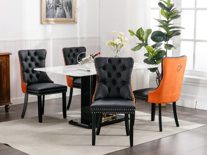 Modern Tufted Wood Dining Chair Set with PU Leather and Velvet Upholstery, Wood Legs, 2-Pcs Black/Orange