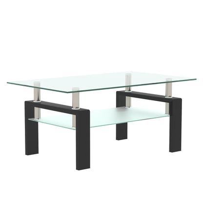 Rectangular Glass Coffee Table with Iron Frame, 39x24 in, Two-Tier Storage, Modern Living Table Black