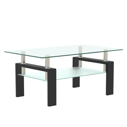 Rectangular Glass Coffee Table with Iron Frame, 39x24 in, Two-Tier Storage, Modern Living Table Black