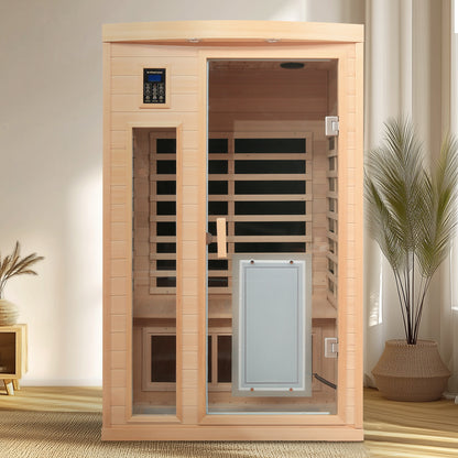 Two-Person Hemlock Far-Infrared Sauna with FrontDoor Heating Panel, Low EMF, LCD, Bluetooth, Natural