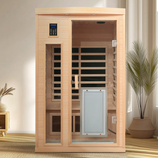 Two-Person Hemlock Far-Infrared Sauna with FrontDoor Heating Panel, Low EMF, LCD, Bluetooth, Natural