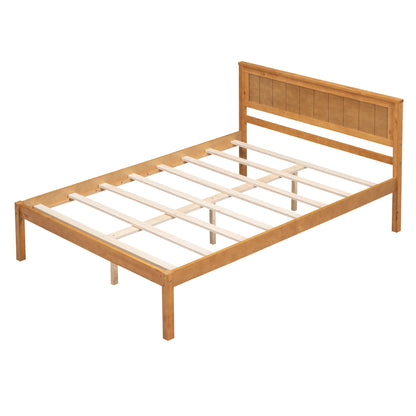 Oak Full Platform Bed Frame with Headboard - No Box Spring Required, Wood Slat Support