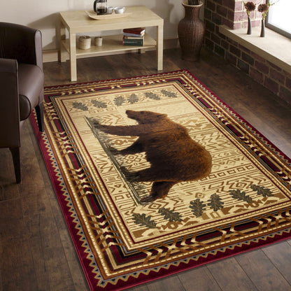 Lodge Area Rug, 2 ft 7 in x 7 ft 3 in, Polypropylene with Jute Backing, Bear Motifs, High-Traffic, Red
