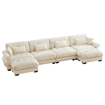Velvet U-Shaped Sectional Sofa with Movable Ottomans, 4-Seater, Bolstered Armrests and Pillows Cream