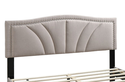 Chic Vintage Queen Bed with Light Brown Burlap Fabric and Nailhead Trim Headboard