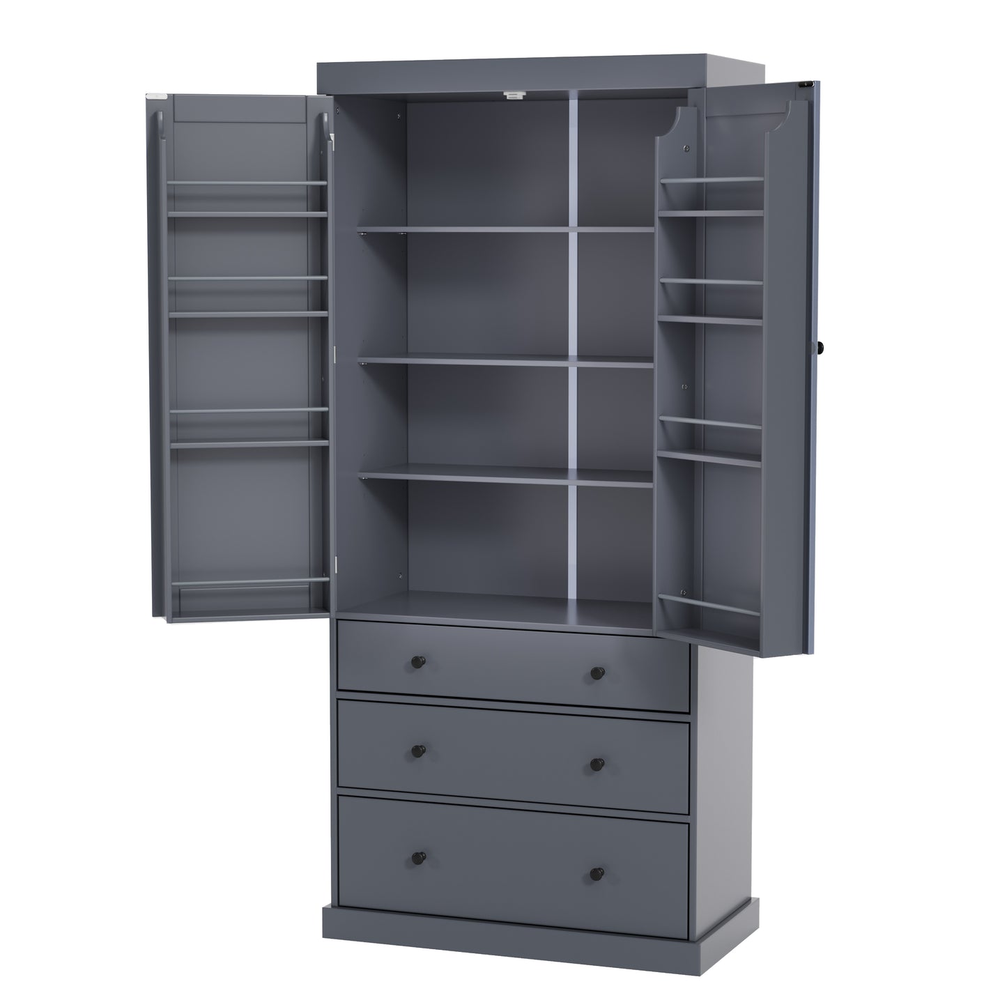 Tall Gray Farmhouse Kitchen Pantry Cabinet with Adjustable Shelves, Drawers, and Door Storage Solutions