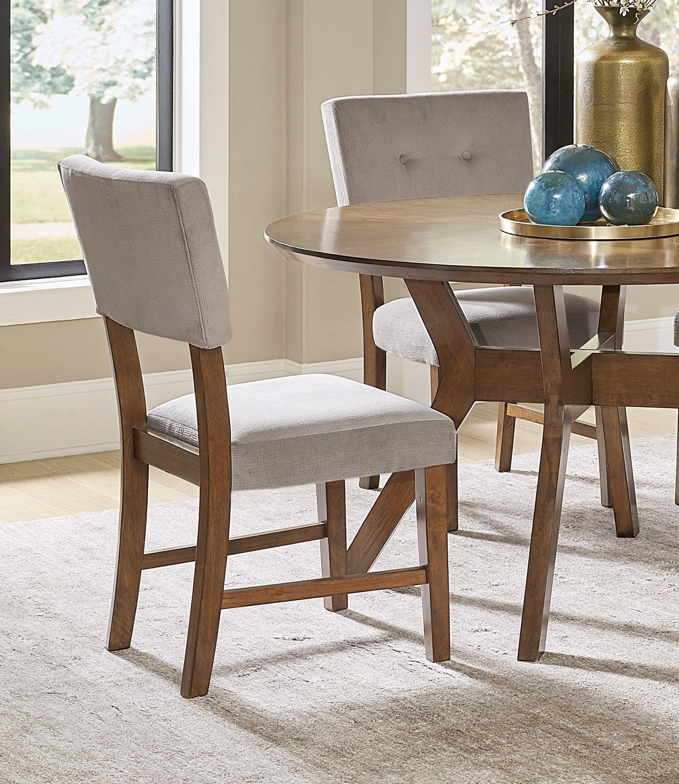 Set of 2 Mid-Century Modern Dining Chairs, Gray Upholstery, Wood Frame, 38 in, Light Oak Finish