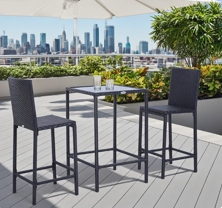 Outdoor Rattan Bar Set With Glass Top Table And Bar Stools, 24-Inch Square Table, 38-Inch Bar Height Black