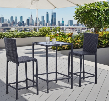 Outdoor Rattan Bar Set With Glass Top Table And Bar Stools, 24-Inch Square Table, 38-Inch Bar Height Black