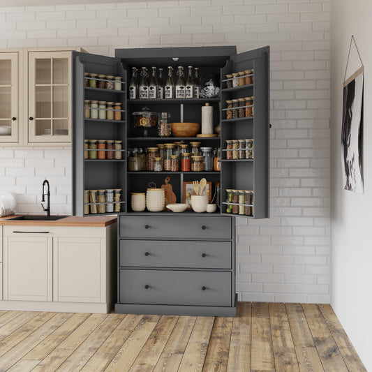 Tall Gray Farmhouse Kitchen Pantry Cabinet with Adjustable Shelves, Drawers, and Door Storage Solutions