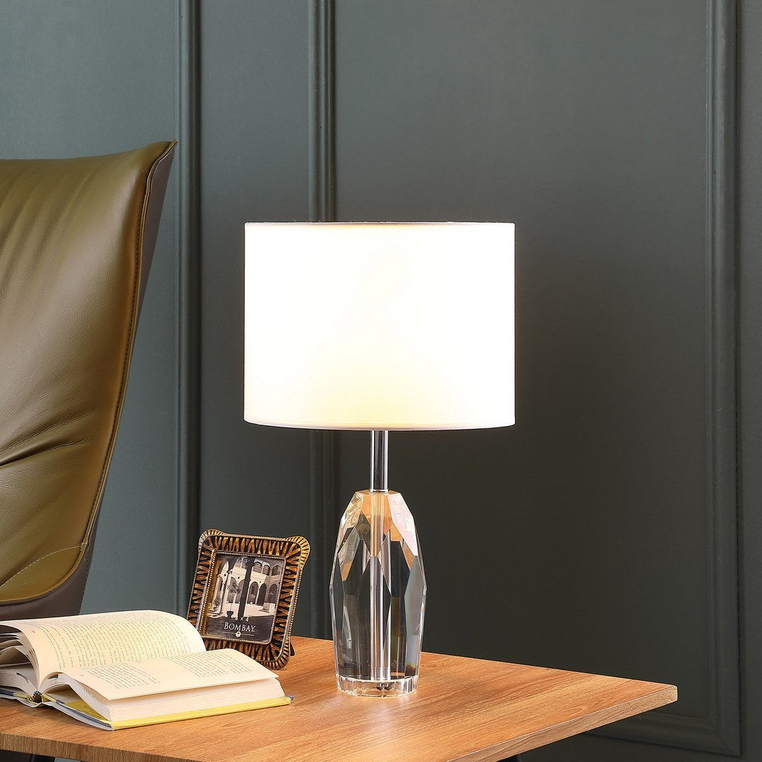 19-Inch Dodecahedron Solid Crystal Prism Table Lamp with White Drum Shade, E26, 100W Max, Chrome Silver