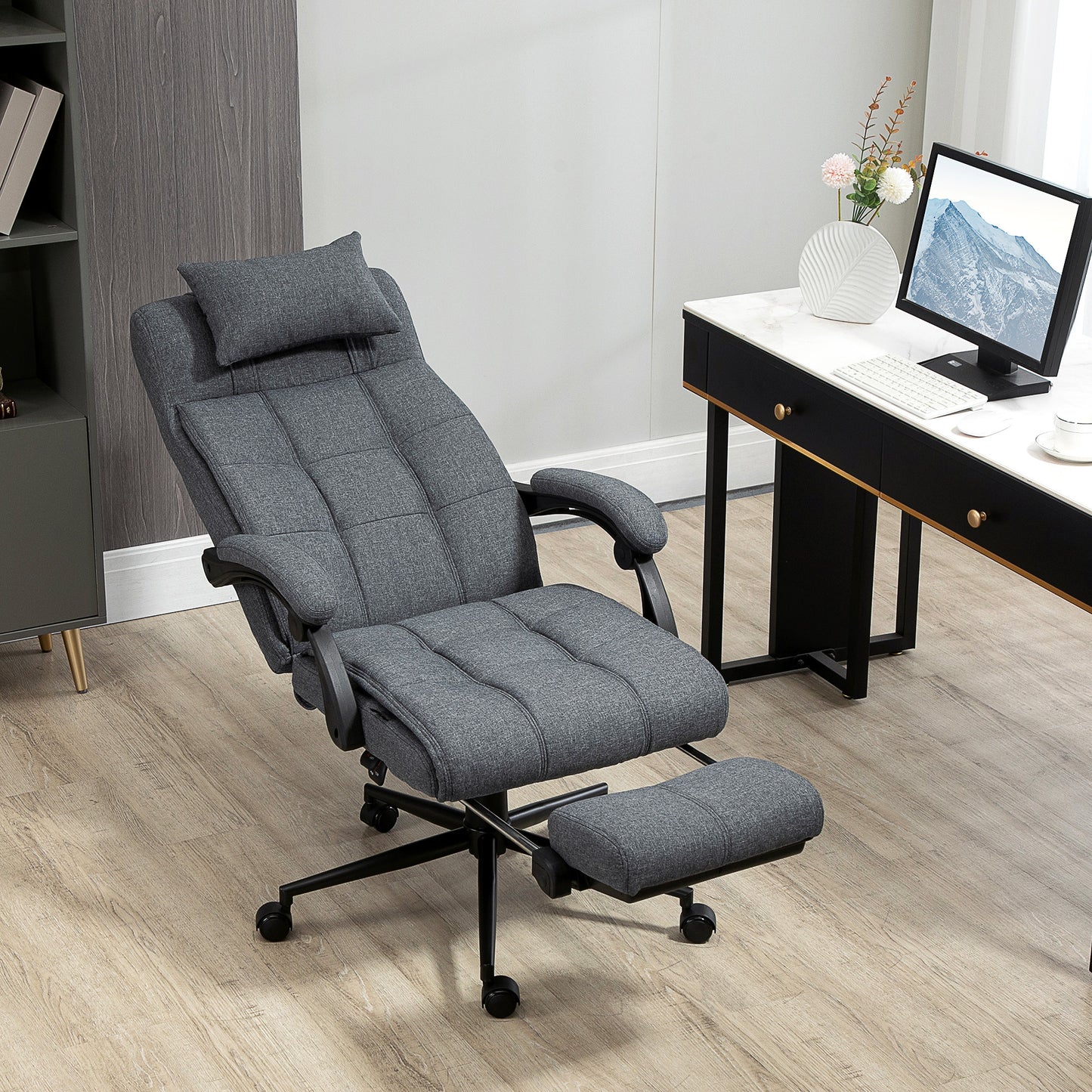 High Back Dark Grey Executive Office Chair with Adjustable Footrest, Headrest, and Padded Armrests - Swivel Task Chair with Linen-Feel Fabric