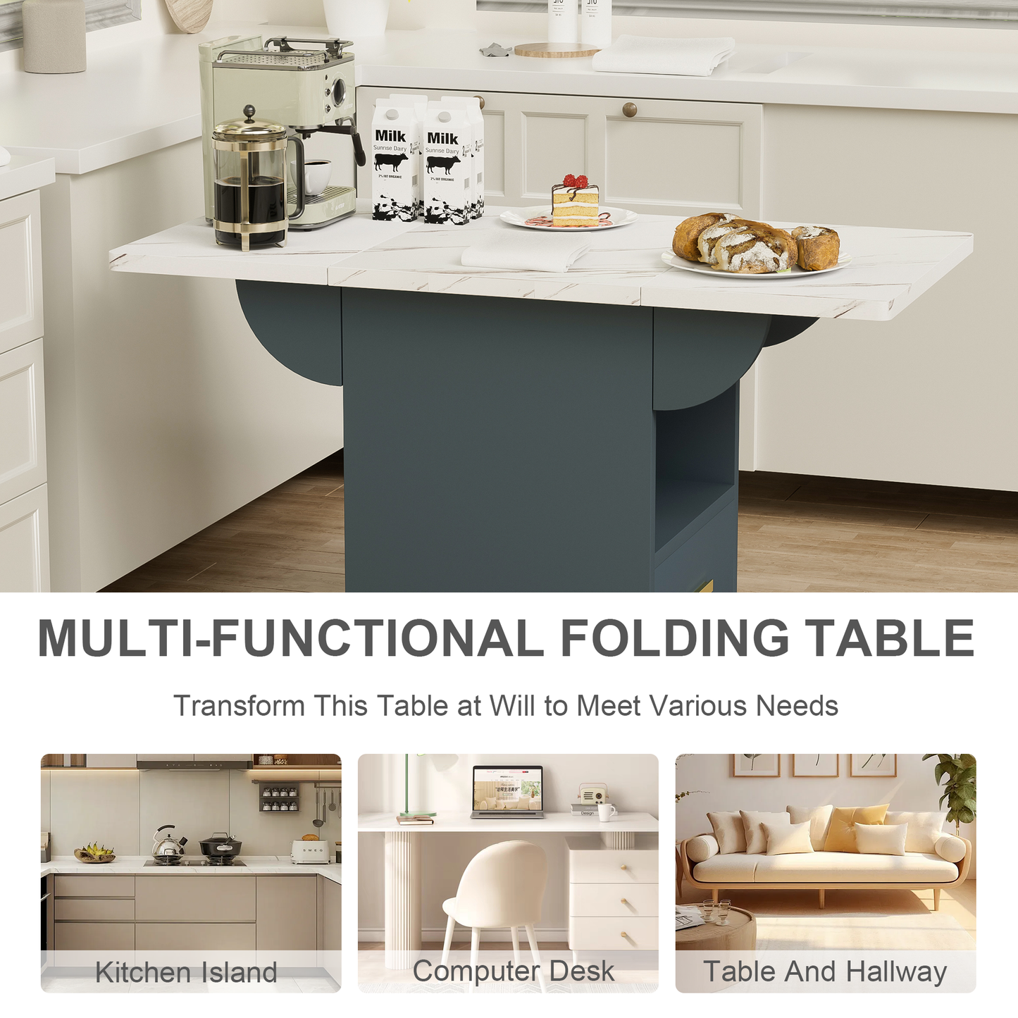 39.4 Inch Rolling Folding Dining Table With Storage Drawers