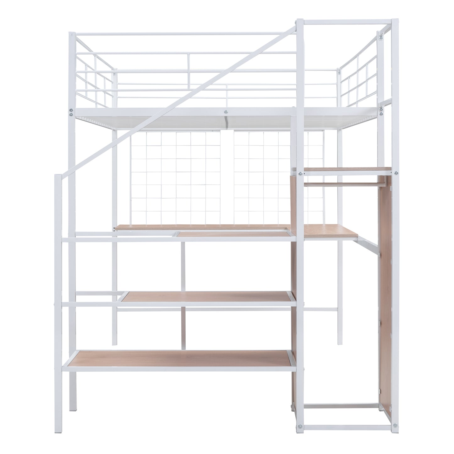 Stylish Full Size Metal Loft Bed with Integrated Desk and Storage Solutions in White