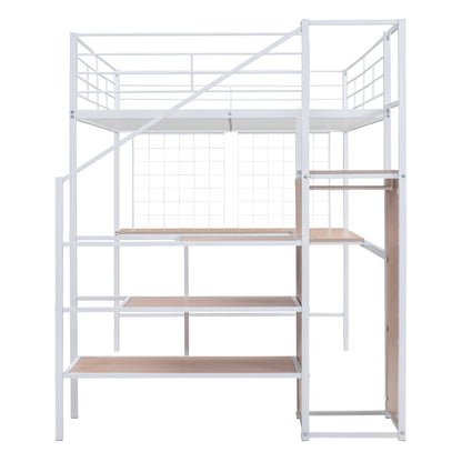 Stylish Full Size Metal Loft Bed with Integrated Desk and Storage Solutions in White