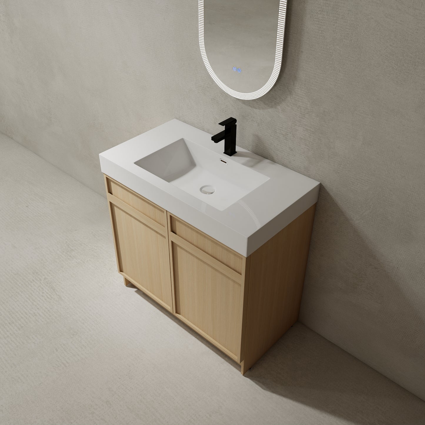 Modern 36" Freestanding Oak Bathroom Vanity with Soft-Close Doors & Integrated White Resin Sink