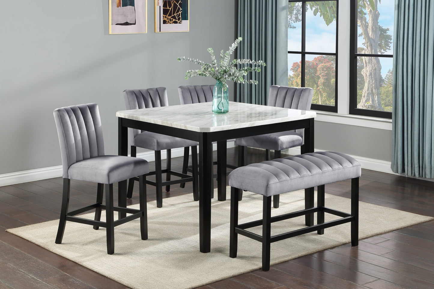 Counter Height Dining Set Faux Marble Table Black Finish