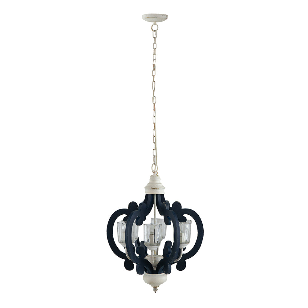 6-Light Wood Chandelier, Farmhouse Pendant for Kitchen, Living, Bulb Not Included, Navy Blue and White Finish