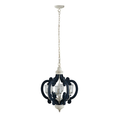 6-Light Wood Chandelier, Farmhouse Pendant for Kitchen, Living, Bulb Not Included, Navy Blue and White Finish