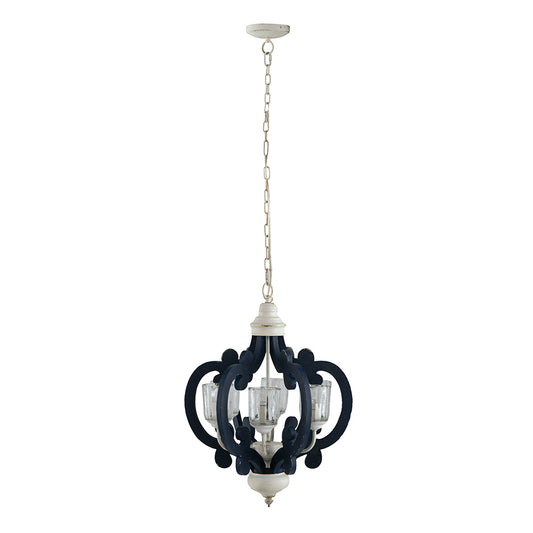 6-Light Wood Chandelier, Farmhouse Pendant for Kitchen, Living, Bulb Not Included, Navy Blue and White Finish