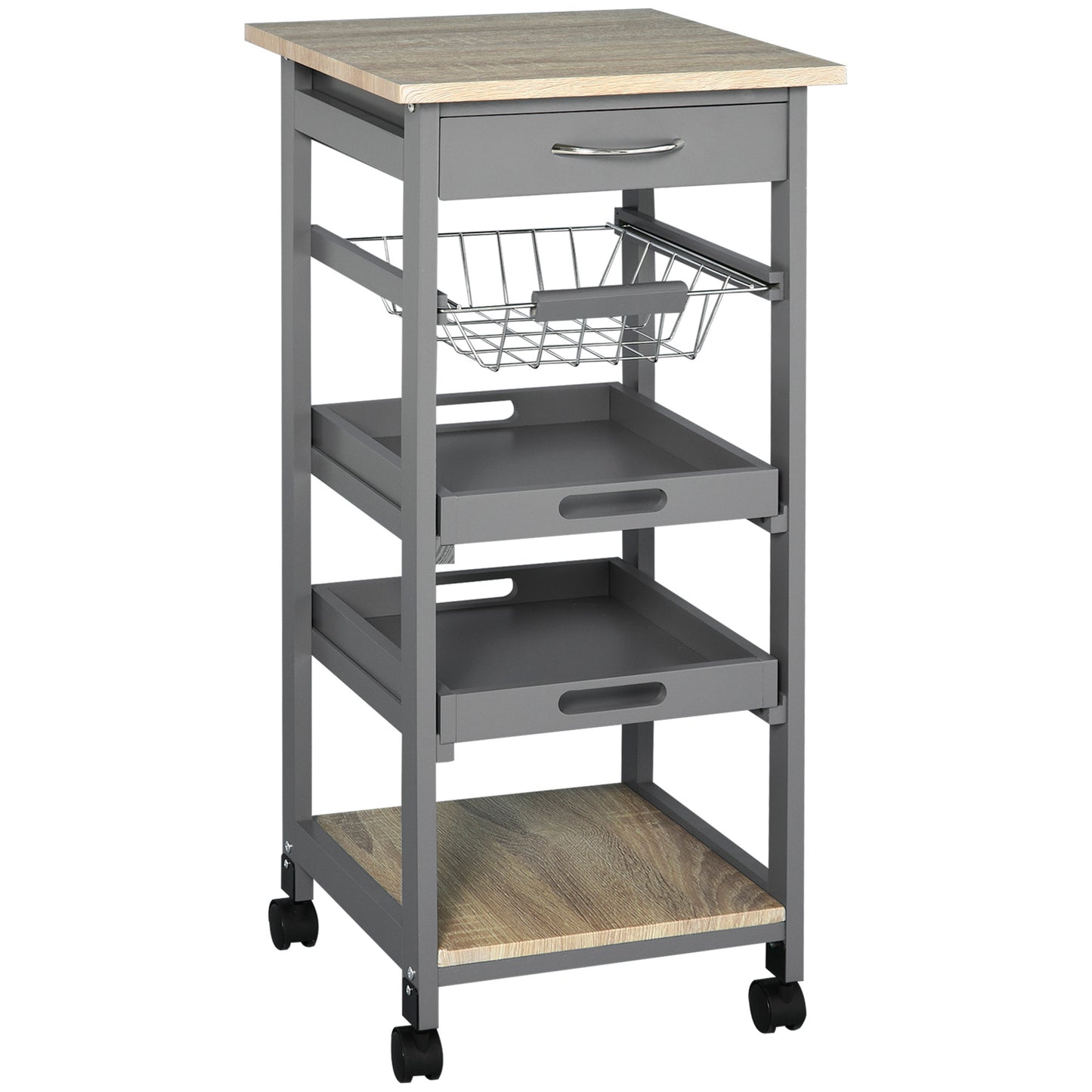 Compact Grey Kitchen Island Trolley With Slide Out Basket