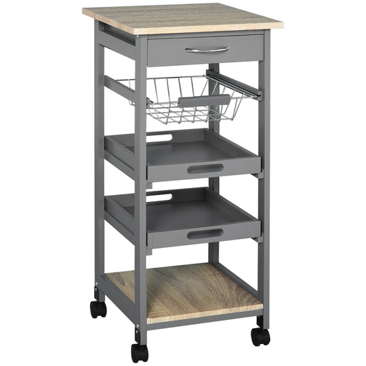 Compact Grey Kitchen Island Trolley With Slide Out Basket