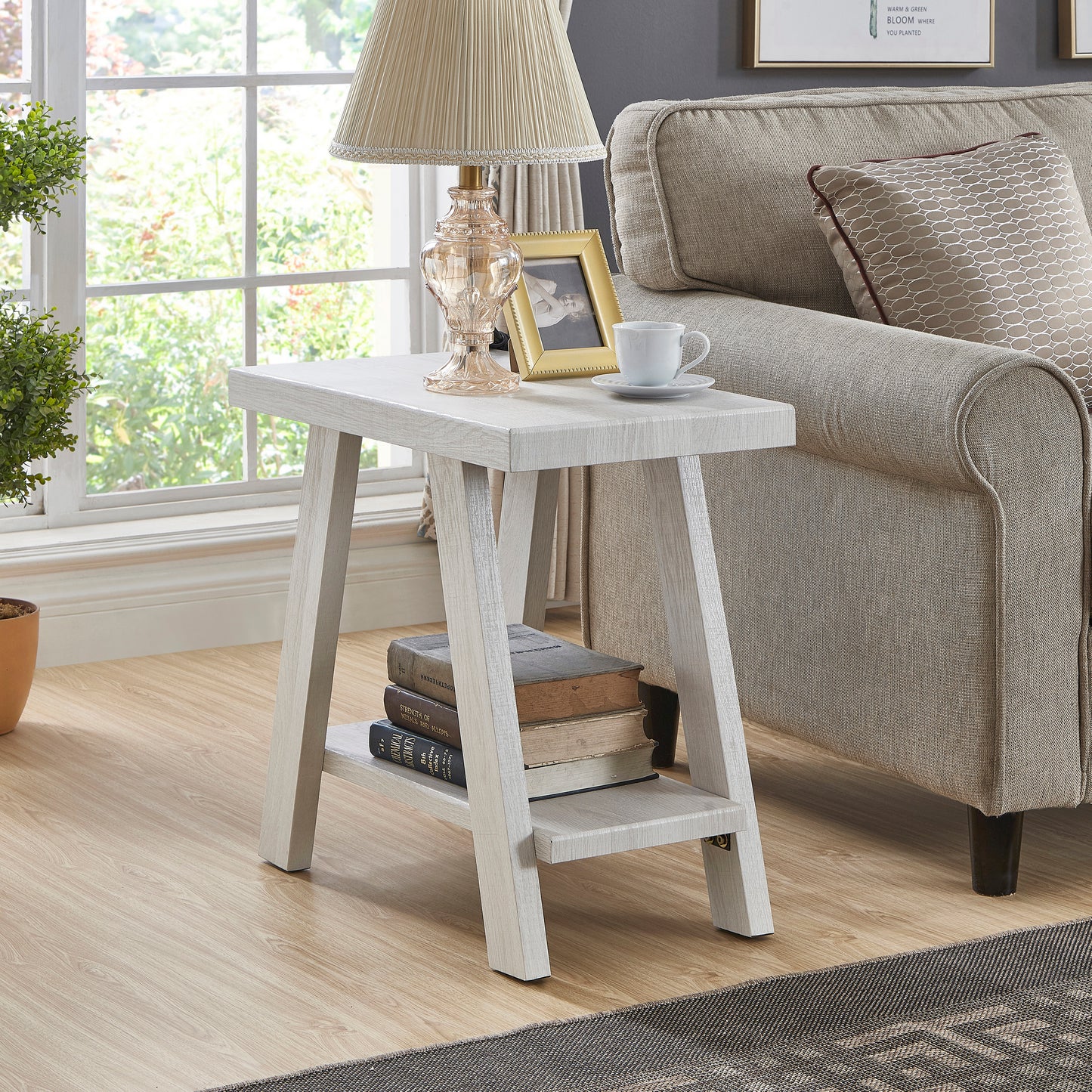 Contemporary Wood Side Table with Storage Shelf, 23.5in L x 14in W x 22in H, Hardwood Veneer White Finish