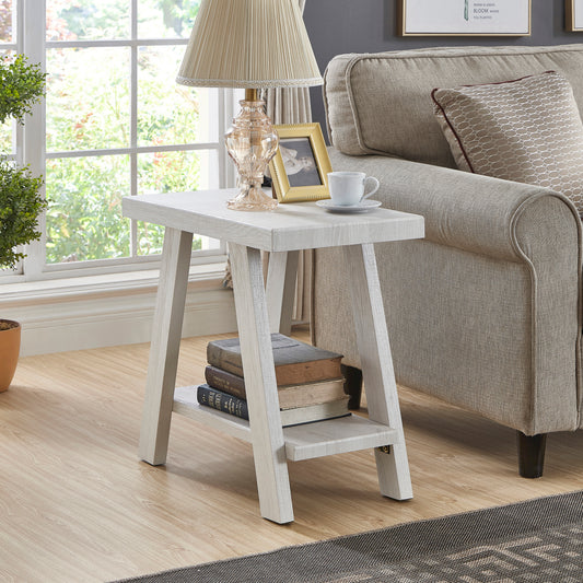 Contemporary Wood Side Table with Storage Shelf, 23.5in L x 14in W x 22in H, Hardwood Veneer White Finish