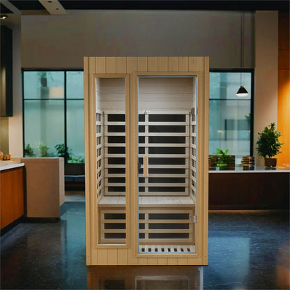 Two-Person Far Infrared Indoor Sauna Room with 1500W, 5 Heating Panels, LCD, Bluetooth Natural Wood