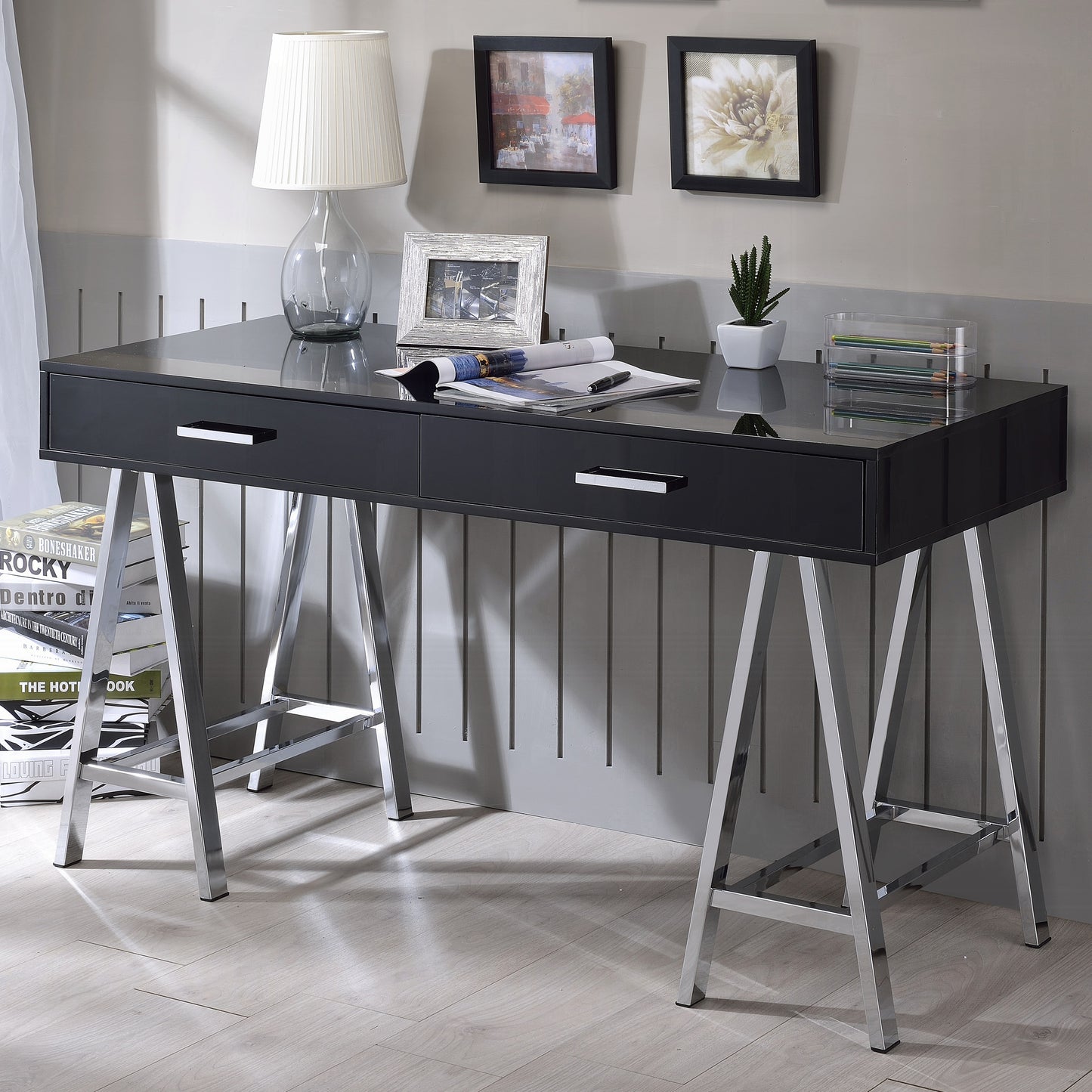 Sleek Black and Chrome Modern Writing Desk with Two Drawers