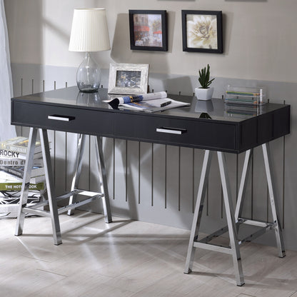 Sleek Black and Chrome Modern Writing Desk with Two Drawers