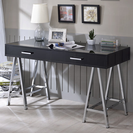 Sleek Black and Chrome Modern Writing Desk with Two Drawers