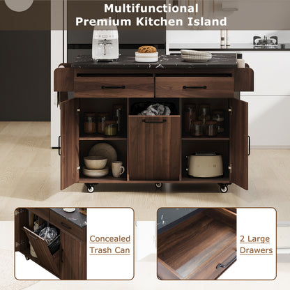 Walnut Brown Rolling Kitchen Island with Drop Leaf, Trash Can Storage, Spice & Towel Racks, and Adjustable Shelves