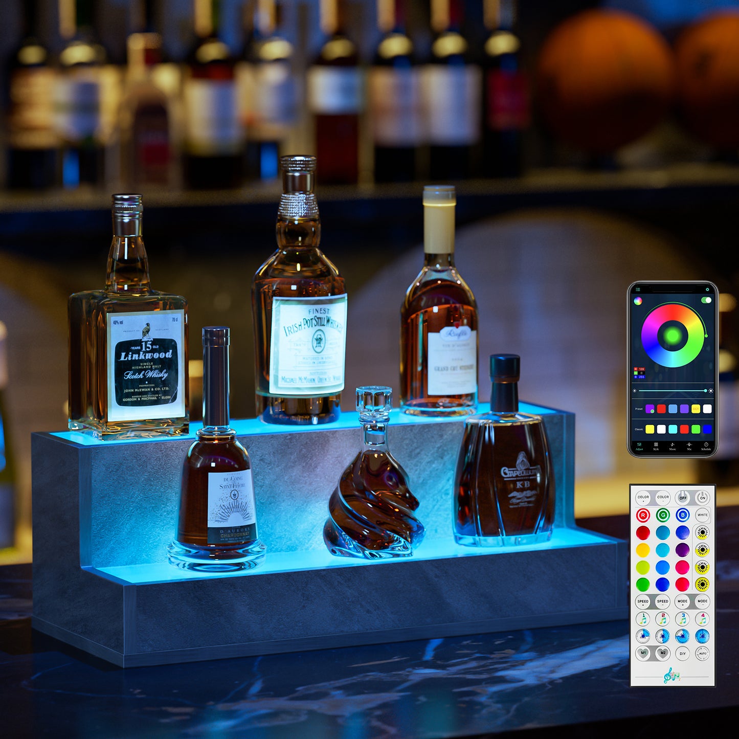 Illuminated 20 Inch Liquor Display Shelf Remote App Control