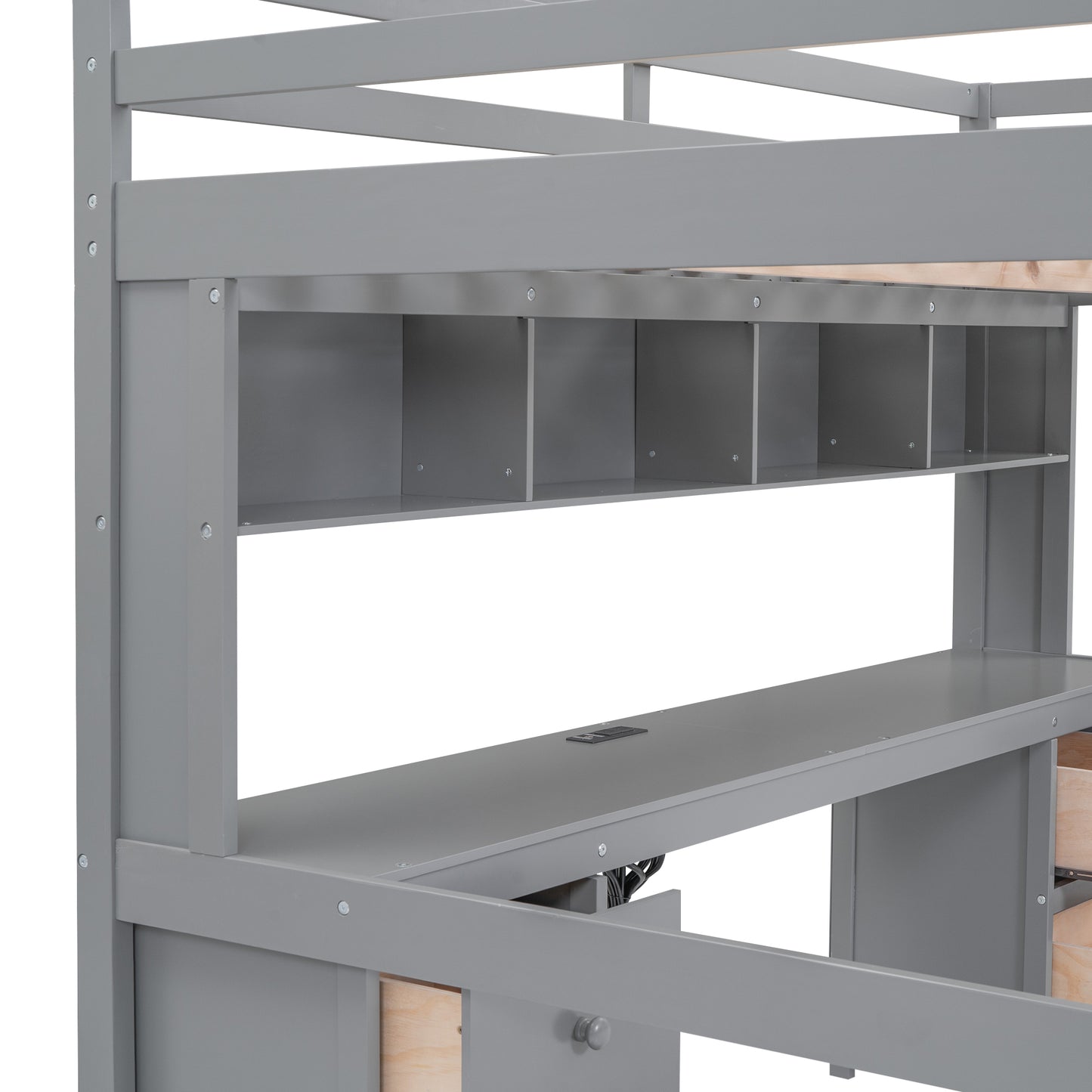 Gray Full Size Loft Bed with Integrated Desk, Storage Solutions, and Charging Station