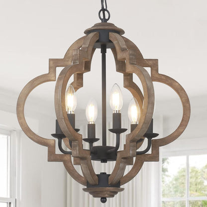 6-Light Farmhouse Chandelier for Dining Room & Kitchen - Rustic Wood and Metal Boho Pendant Light, Black