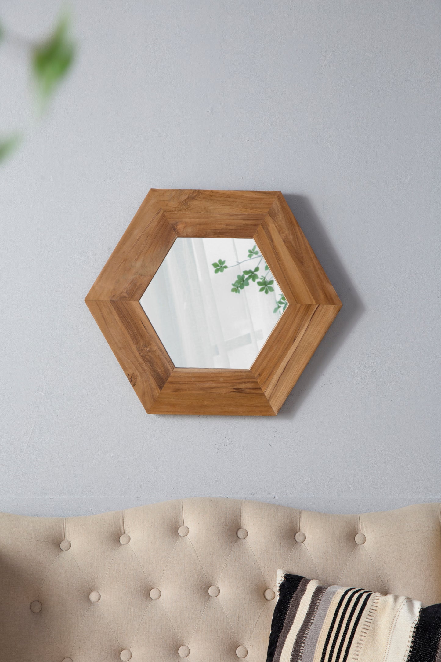 Hexagonal Teak Wood Framed Mirror - 18.5” Wall Decor for Living Room, Bathroom, or Hallway