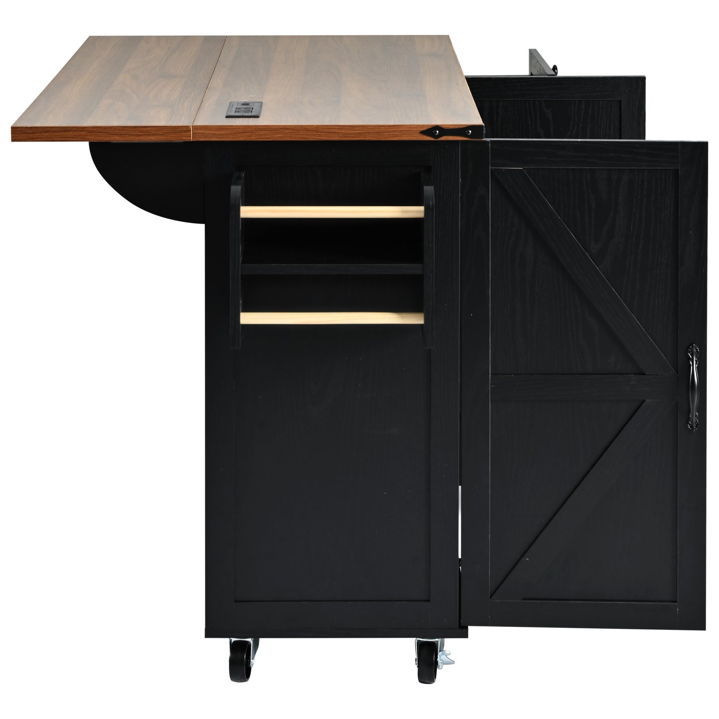 54.5" Rustic Farmhouse Kitchen Island with Power Outlet, Internal Storage, Drop Leaf, and Rolling Wheels for Home and Dining Room - Black