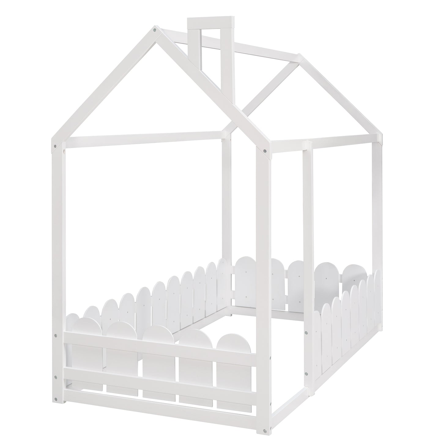Twin Size Wooden House Bed Frame with Fence - Creative Sleep & Play Space for Kids, Teens, and Children - White Finish