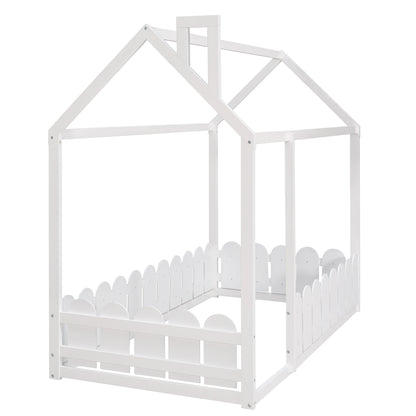 Twin Size Wooden House Bed Frame with Fence - Creative Sleep & Play Space for Kids, Teens, and Children - White Finish