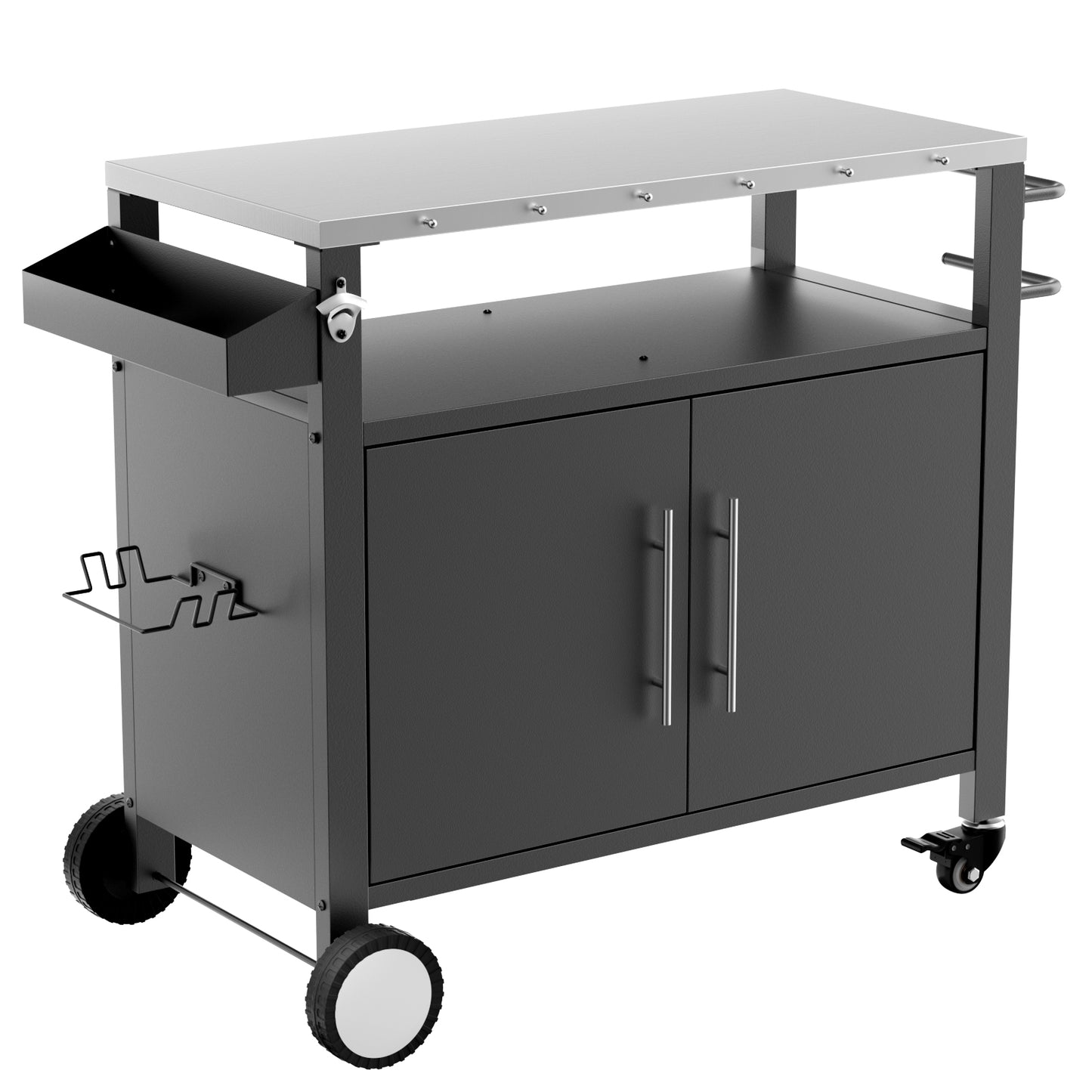 Outdoor Grill Cart With Two Doors Stainless Steel Tabletop For Patio Cooking 37.9 In L 18.1 In W 35.6 In H Black
