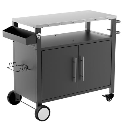 Outdoor Grill Cart With Two Doors Stainless Steel Tabletop For Patio Cooking 37.9 In L 18.1 In W 35.6 In H Black